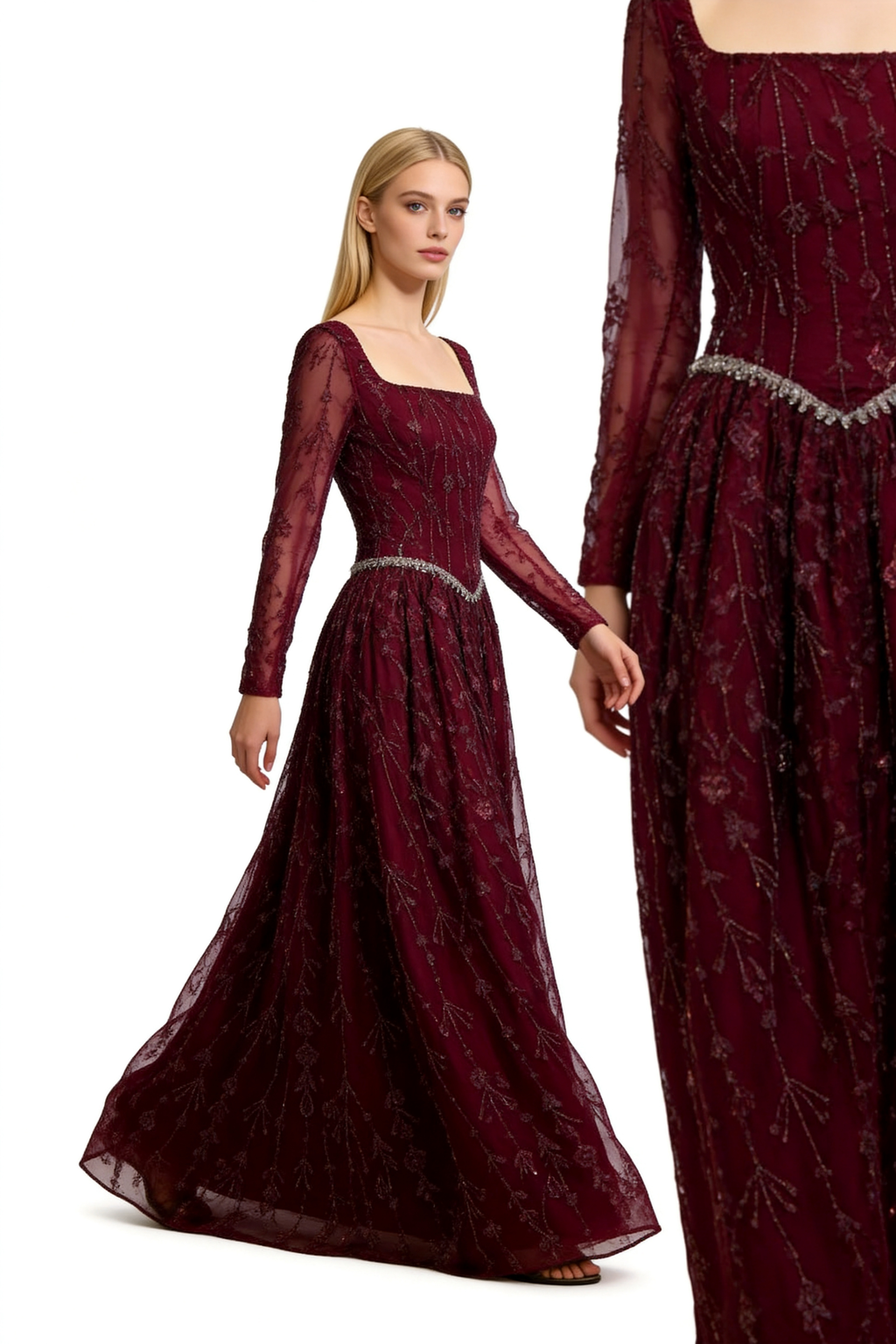 Luxury Sage Green Beaded Evening Dress with Long Sleeves LA72805B