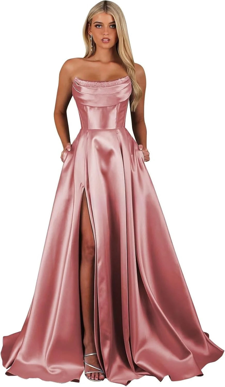 Strapless Corset Prom Dresses for Women with Slit Long Satin Formal Evening Gowns with Pockets Elegant Sleeveless Party Dress