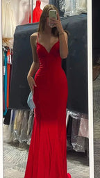 Elegant Red Mermaid Long Prom Dress V Neck Evening Dress Y422
