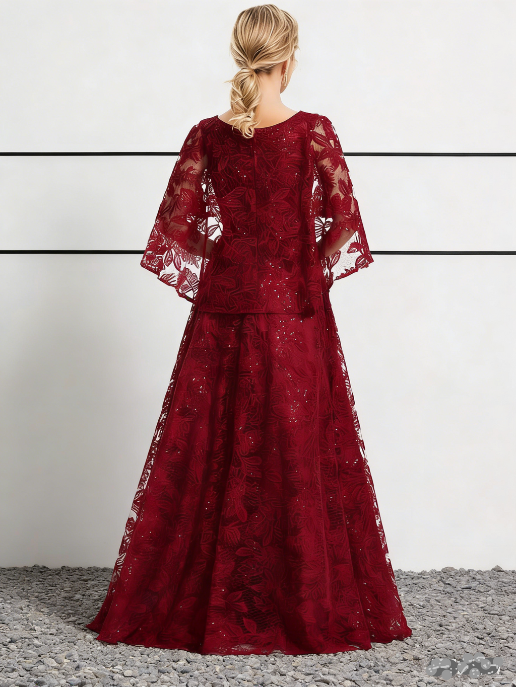 Burgundy Sequin Lace Bell Sleeve Ball Gown Maxi Dress