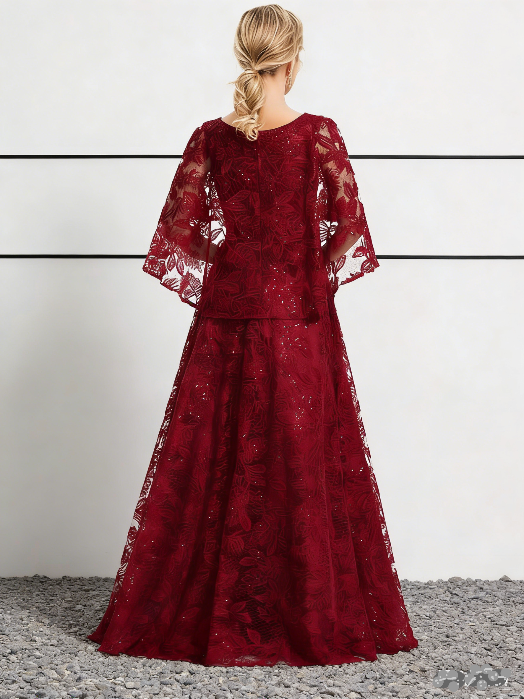 Burgundy Sequin Lace Bell Sleeve Ball Gown Maxi Dress