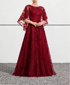 Burgundy Sequin Lace Bell Sleeve Ball Gown Maxi Dress