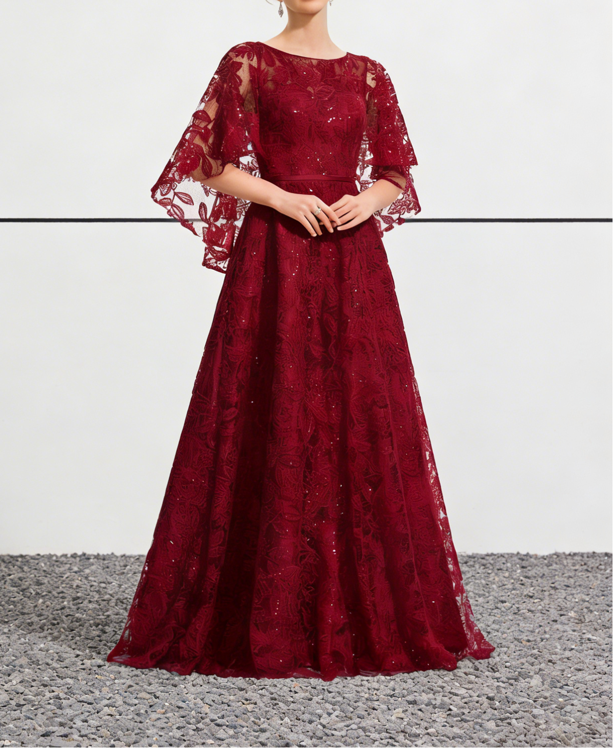 Burgundy Sequin Lace Bell Sleeve Ball Gown Maxi Dress