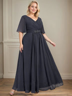 A-line V-Neck Ankle-Length Chiffon Mother of the Bride Dress With Pleated Beading Sequins