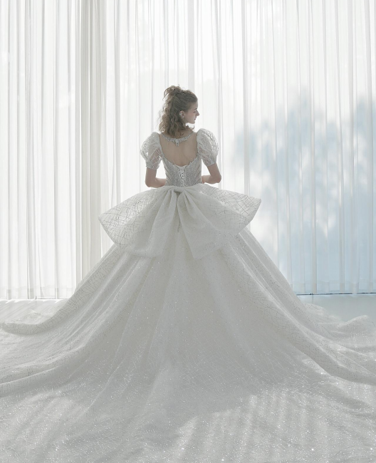 Regal Puff-Sleeve Crystal Ball Gown Wedding Dress with Oversized Back Bow & Cathedral Train