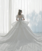 Regal Puff-Sleeve Crystal Ball Gown Wedding Dress with Oversized Back Bow & Cathedral Train