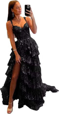 Sparkly Tiered Lace Tulle Prom Dresses Long 2025 Spaghetti Straps Formal Corset Evening Gown with Slit