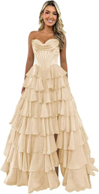 Strapless Corset Prom Dresses for Women 2025 Long Tiered Ruffle Chiffon Formal Evening Gown with Slit