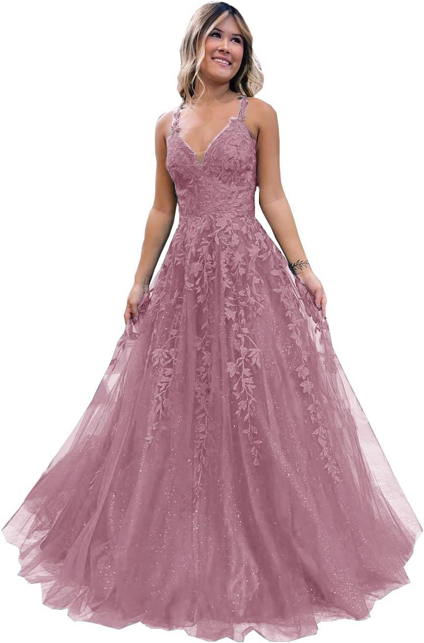 Floral Lace Glitter Tulle Prom Dress Long Ball Gown V Neck Formal Evening Dress Maxi Party Gown