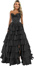 Strapless Corset Prom Dresses for Women 2025 Long Tiered Ruffle Chiffon Formal Evening Gown with Slit