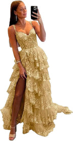 Sparkly Tiered Lace Tulle Prom Dresses Long 2025 Spaghetti Straps Formal Corset Evening Gown with Slit