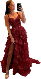 Sparkly Tiered Lace Tulle Prom Dresses Long 2025 Spaghetti Straps Formal Corset Evening Gown with Slit