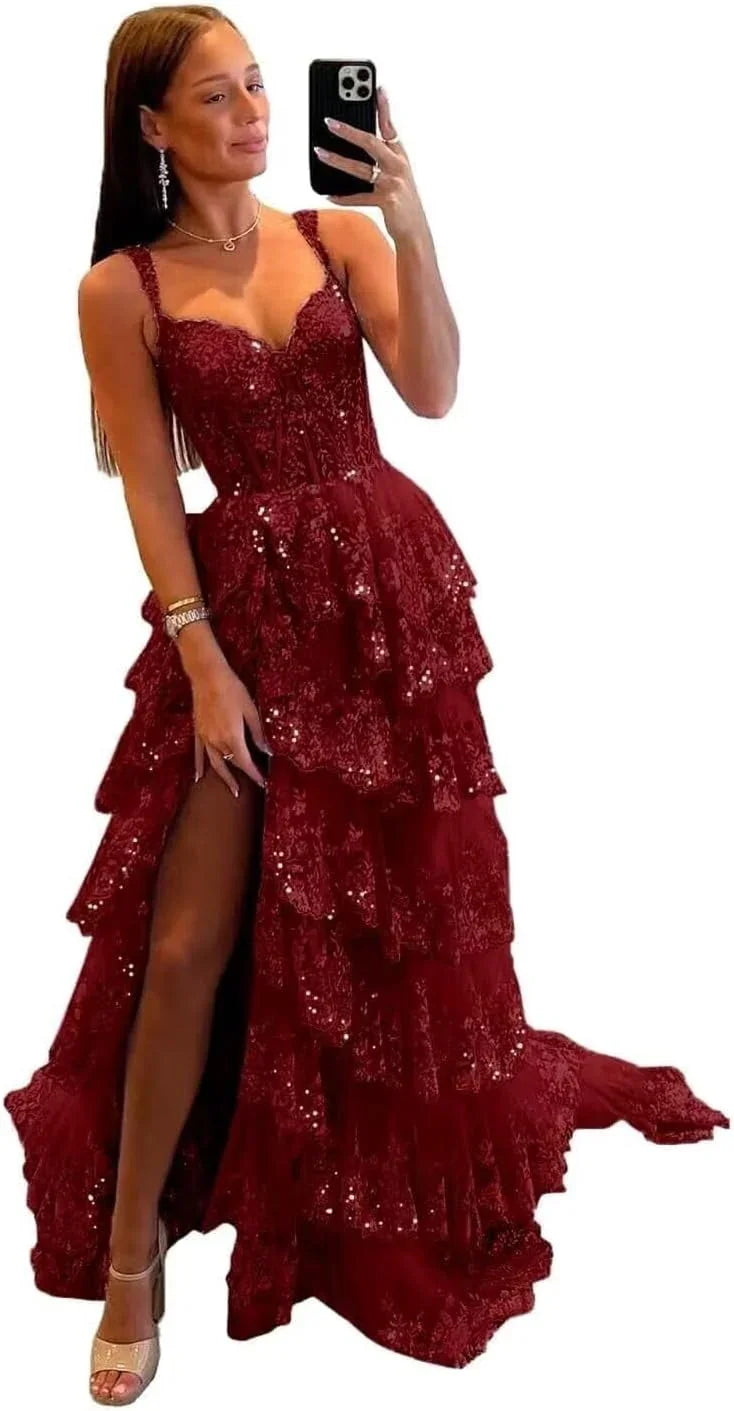 Sparkly Tiered Lace Tulle Prom Dresses Long 2025 Spaghetti Straps Formal Corset Evening Gown with Slit