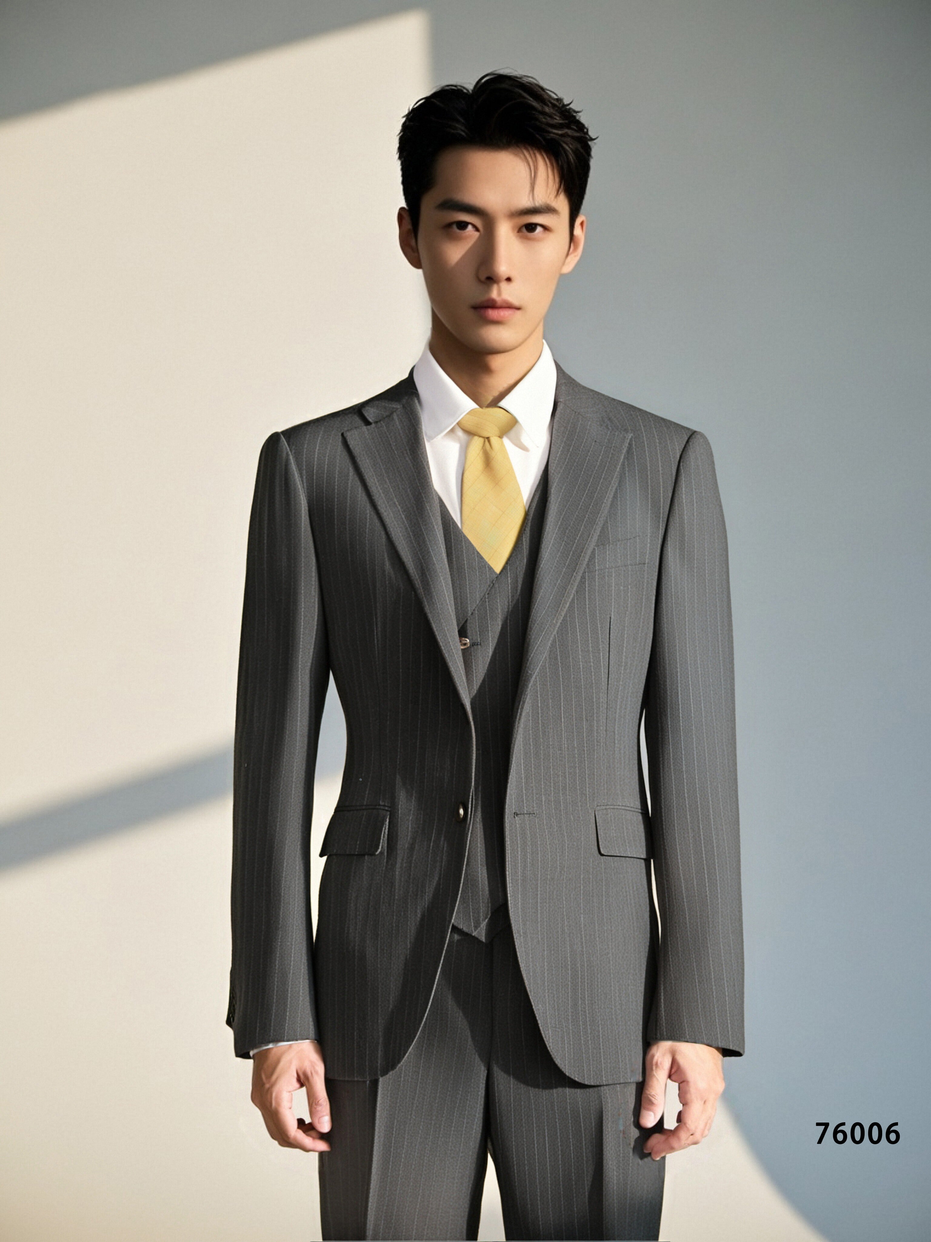 Three Piece Pinstripe Wool Suit With Waistcoat And Notched Lapel Tailored Fit