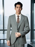Three Piece Windowpane Wool Suit Tailored Fit for Formal Groom and Business
