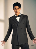Double Breasted Black Wool Tuxedo Peak Lapels Six Button Classic Tailored Groom