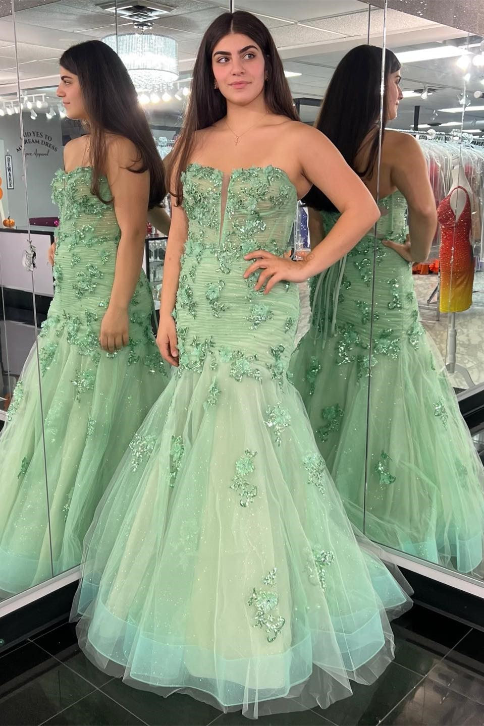 Sage Green Appliques Strapless Trumpet Long Formal Dress