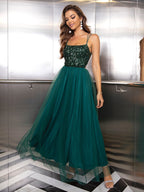 Summer Sexy Sequin Gauze Stitching Evening Dress Contrast Color Sequined Mesh Camouflage Dress