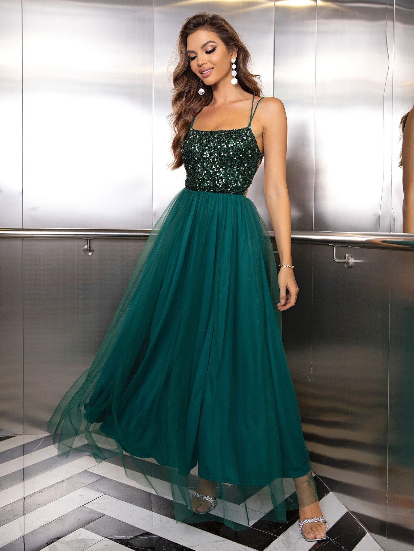 Summer Sexy Sequin Gauze Stitching Evening Dress Contrast Color Sequined Mesh Camouflage Dress
