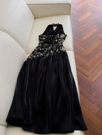 Elegant Black Halter Satin Print Floral Sequins Evening Dress Long ALine Prom Dress Y8568