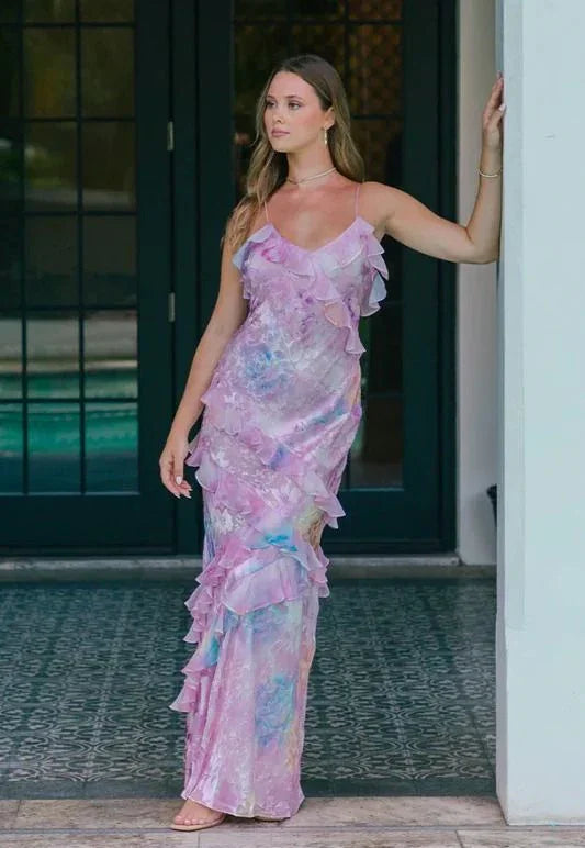 Romantic Spaghetti Straps V Neck Chiffon Print Prom Dress,Charming Evening Dress Y2306