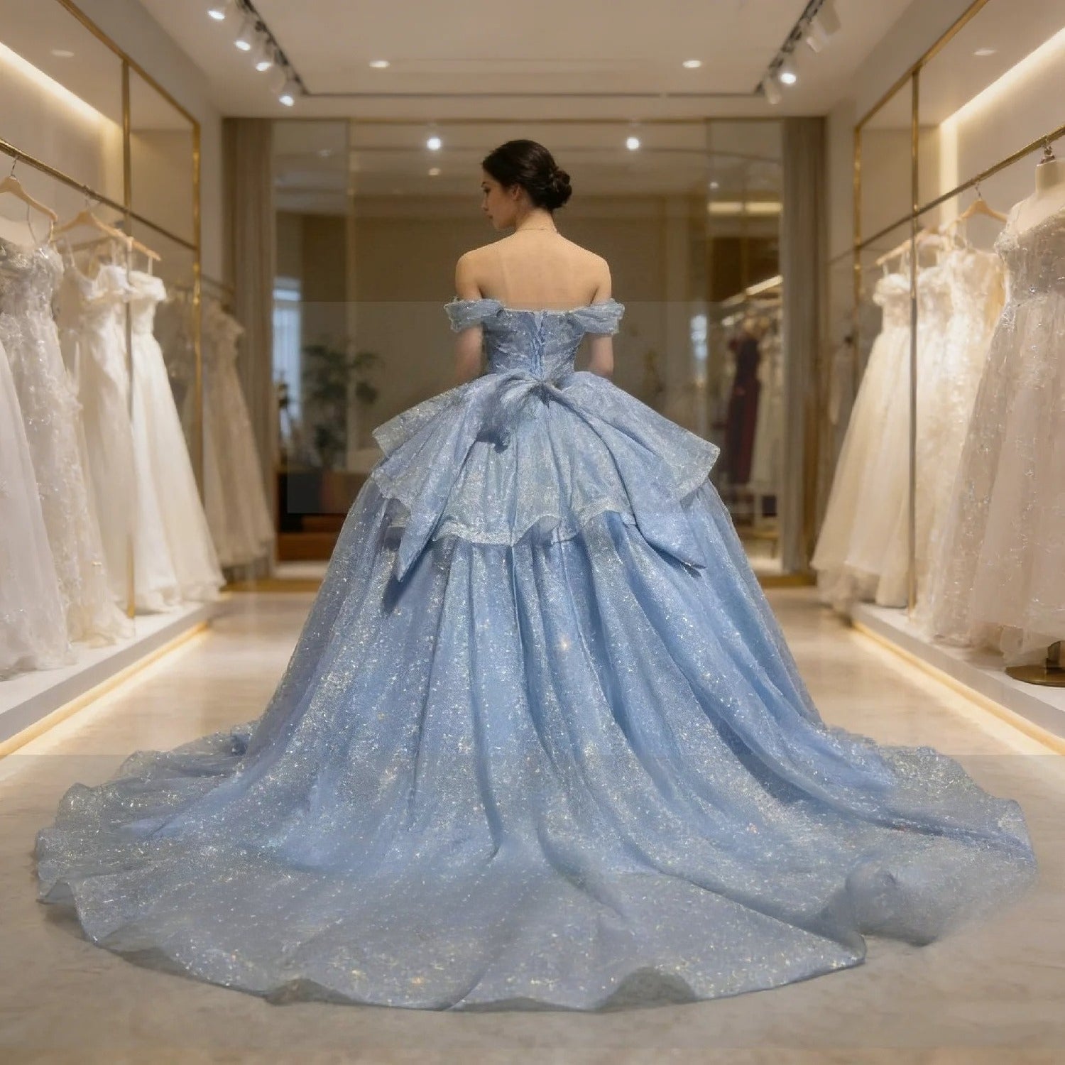 Real Picture Sky Blue Cap Sleeve Pearls Tiered Ball Gown Tulle Shinny Women Prom Party Occasion Wear Quinceanera 15 Customized