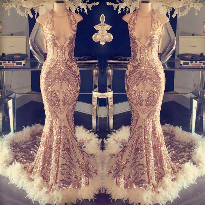 Mermaid Halter Open Back and Feather Detail Long Prom Dress