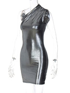 Skinny Asymmetric Shiny Solid Color Split-Joint One-Shoulder Evening Dresses Mini Dresses