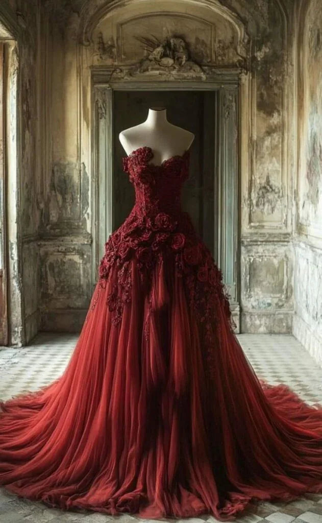 Elegant Burgundy Tulle Appliques 3D Rose Flowers Evening Dress Long Formal Prom Dress Y8375