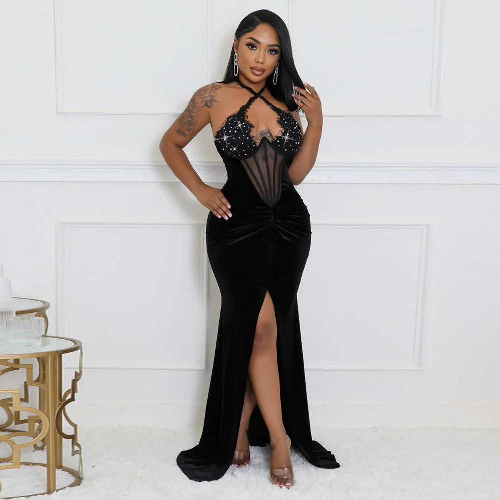Lace up Halterneck High Slit Solid Color Rhinestone Dress Sexy Evening Dress with Mesh Oversleeve
