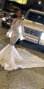 Long Sleeves Sexy Sequins V-Neck Mermaid Prom Dress with Applique