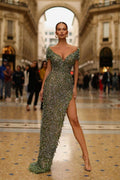 Off The Shoulder V-neck Mermaid Prom Dress with High Slit and Sequins