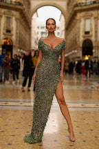Off The Shoulder V-neck Mermaid Prom Dress with High Slit and Sequins