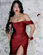 Elegant Burgundy Off The Slit Mermaid Evening Dress Formal Prom Dress Y8414