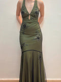 Vintage Halter Satin Beaded Mermaid Evening Dress Sexy Backless Green Prom Dress Y8228
