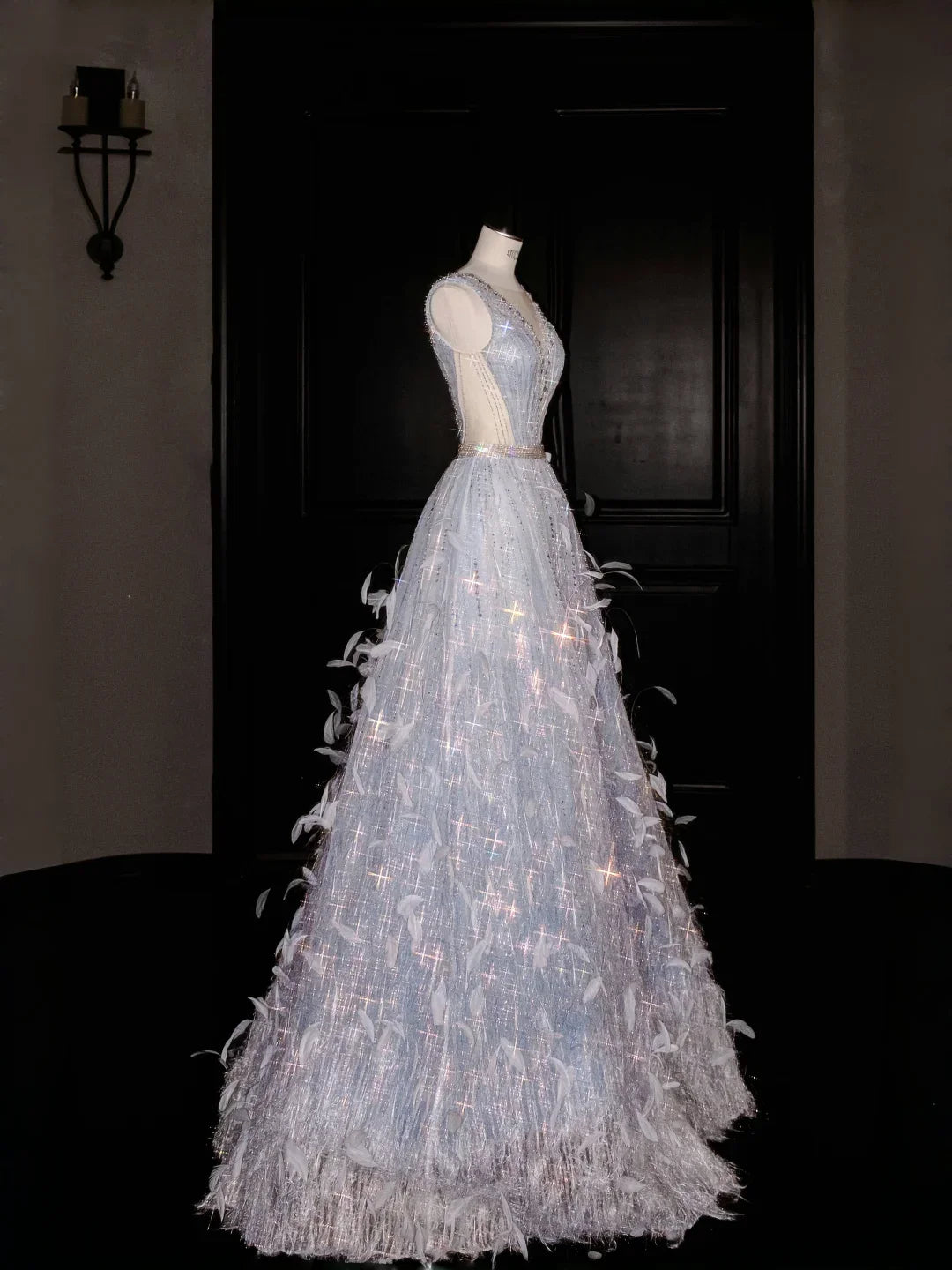 Glamorous V Neck Tulle Beaded Feathers A Line Prom Dress Evening Dress Y8682