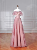 Sweet Pink Tulle Sequins Beaded A Line Prom Dress Off The Shoulder Long Evening Dress Y8643