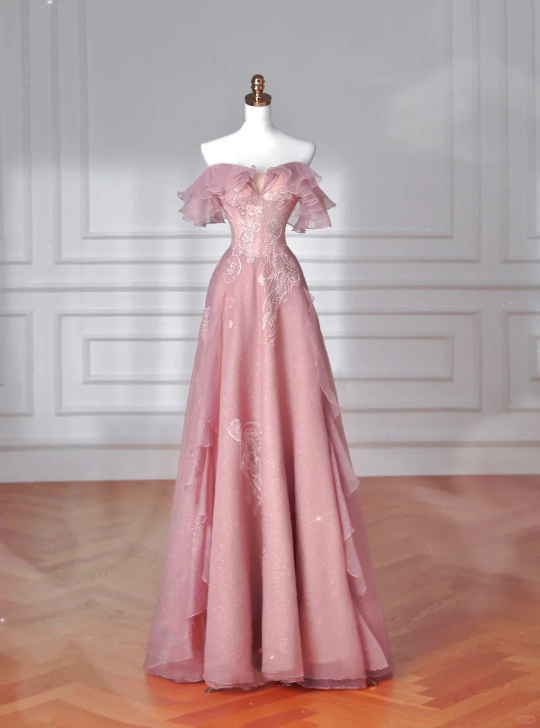 Sweet Pink Tulle Sequins Beaded A Line Prom Dress Off The Shoulder Long Evening Dress Y8643