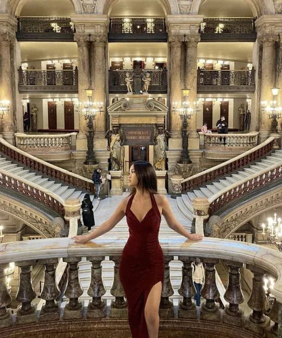 Sexy V Neck Burgundy Prom Dress With Split Sexy Evening Gown Y6361