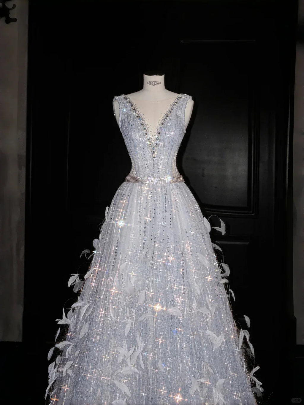 Glamorous V Neck Tulle Beaded Feathers A Line Prom Dress Evening Dress Y8682