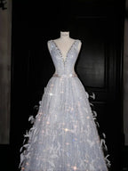 Glamorous V Neck Tulle Beaded Feathers A Line Prom Dress Evening Dress Y8682