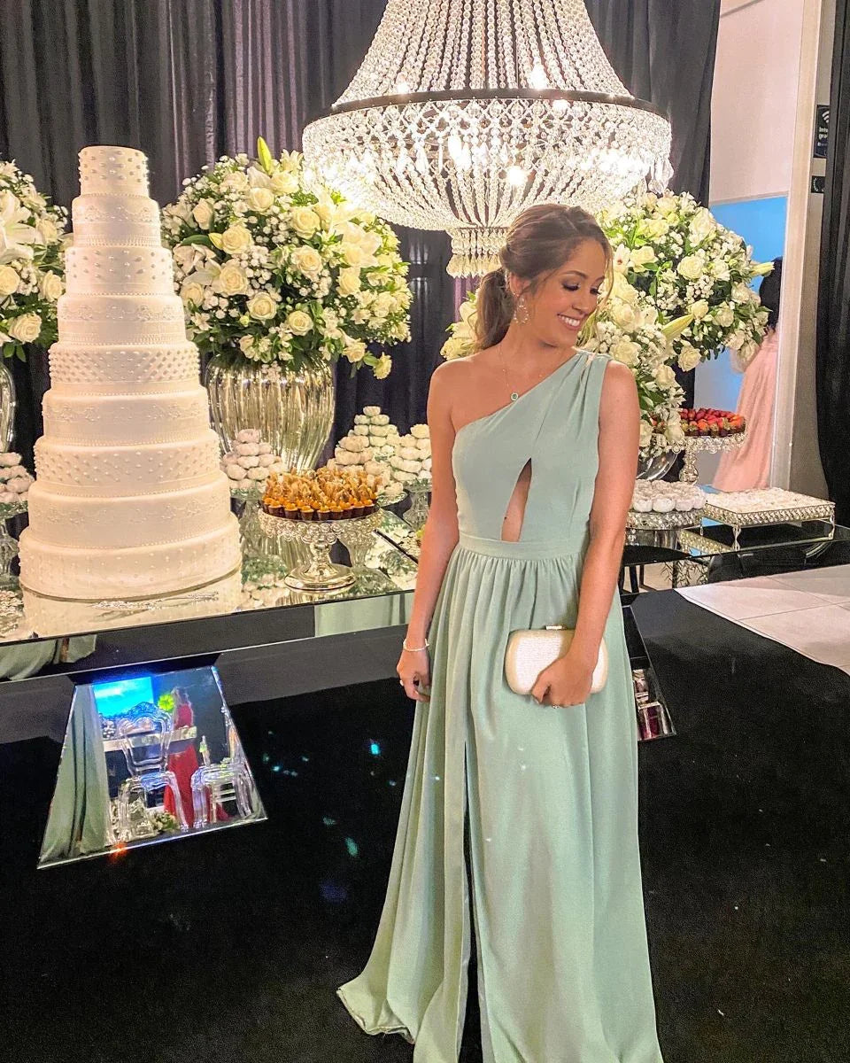 One Shoulder Mint Green Evening Dress Bridesmaid Dress Y5101