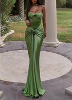 Unique Green Strapless Pleated Mermaid Evening Dress Long Prom Dress Y8430