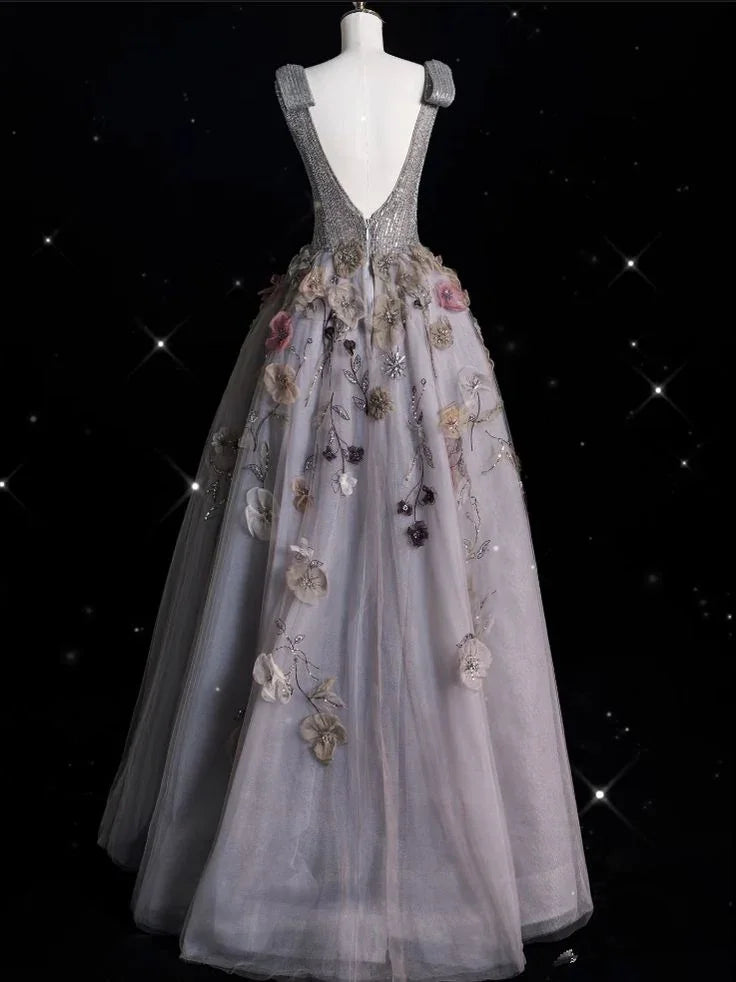 Charming V Neckline Gray Tulle Floral Ball Gown Long Evening Gown Prom Dress Y7953