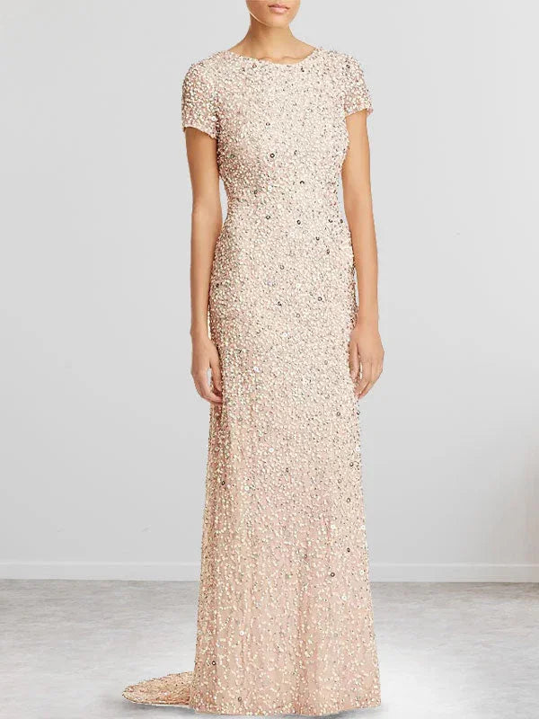Dusty Blue Sequins Sheath Scoop Long Mother of the Bride Dress
