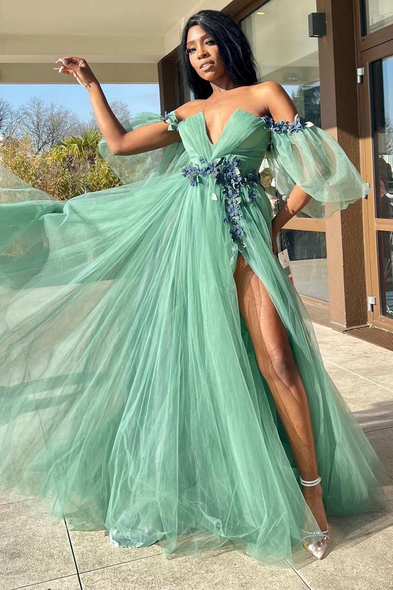 Tulle 3D Floral Lace Off-the-Shoulder A-Line Long Prom Dress