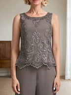 Separates Jumpsuit/Pantsuit Scoop Floor-Length Chiffon Lace Mother of the Bride Dress With Beading Sequins