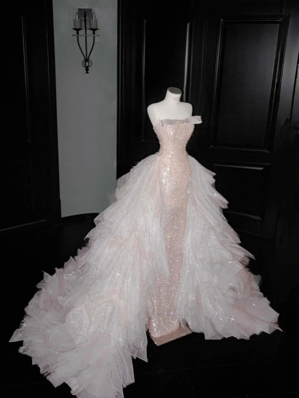 Gorgeous Champagne Tulle Sequins Beaded Sheath Long Prom Dress Evening Dress Y8658