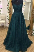 Tulle Lace A-line Scoop Spaghetti Straps Prom Dresses, Evening Dress Y1817