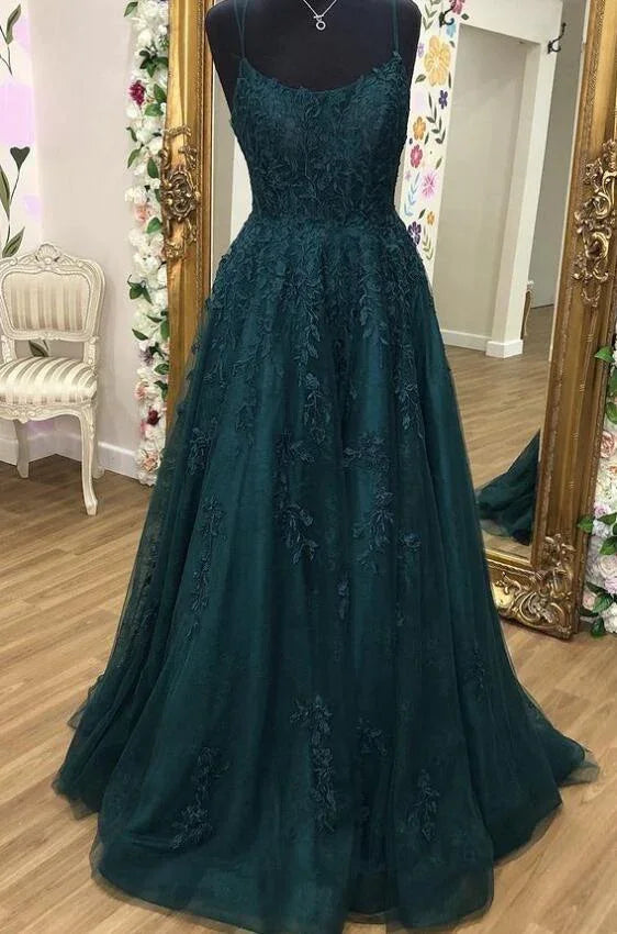 Tulle Lace A-line Scoop Spaghetti Straps Prom Dresses, Evening Dress Y1817